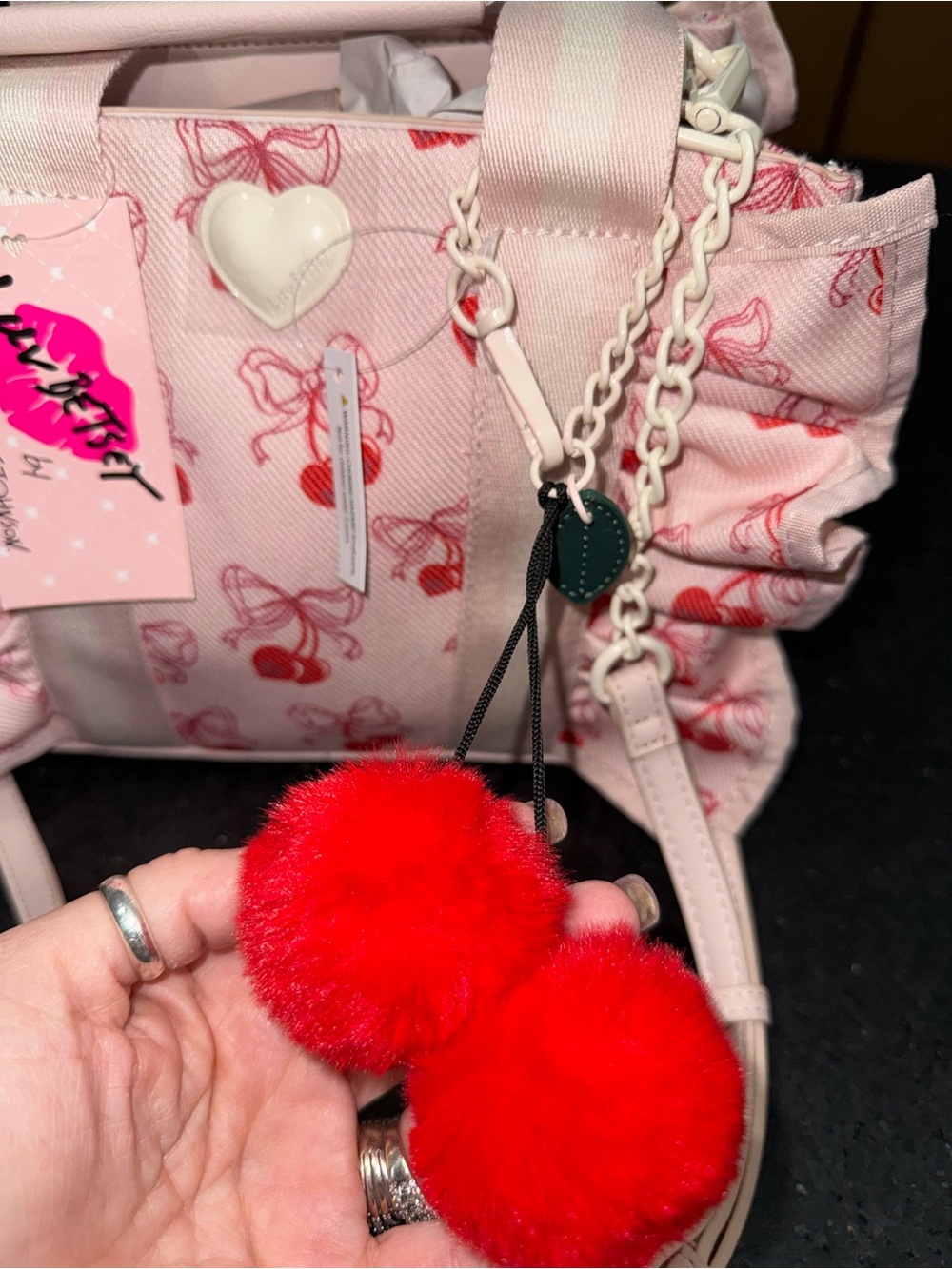 NEW LUV BETSEY JOHNSON Pink Red Cherry RUFFLE TOP HANDLE crossbody pompom Bag - Picture 6 of 16